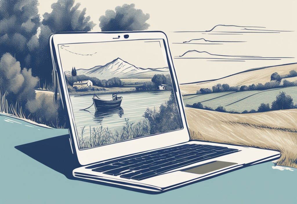 Vintage-Skizze in Blau mit Laptop-Bildschirm, der den Online-Kaufprozess eines italienischen Angelscheins zeigt, im Hintergrund eine idyllische italienische Landschaft - Angelschein Italien online kaufen