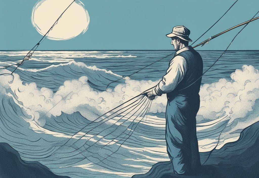 Vintage-Skizze eines Mannes, der am Meer ohne Angelschein mit einer handgemachten Angelrute in die ruhigen Wellen fischt, Hauptfarbe Blau.
