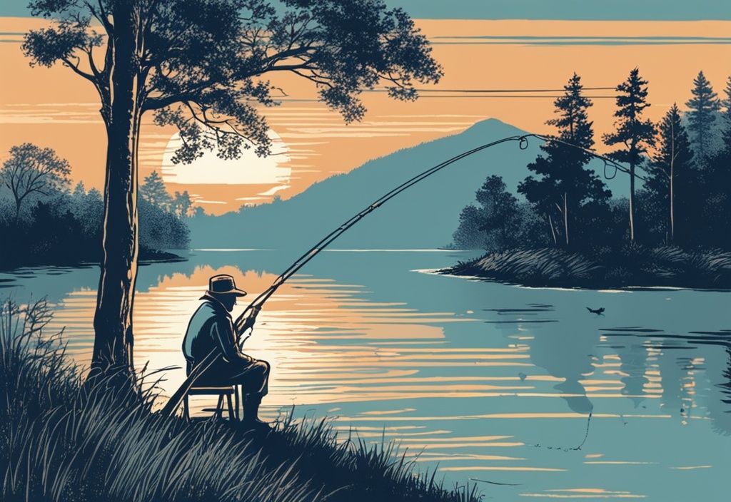 Vintage Illustration eines Anglers am Flussufer bei Sonnenaufgang mit einer Hufeisen für Glück am Angelrute - was bedeutet Petri Heil
