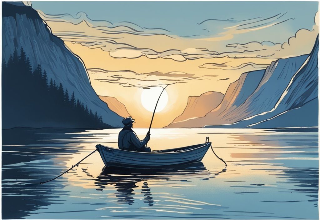Vintage-Skizzenillustration eines Fischers beim Auswerfen in einem kleinen Boot, umgeben von den atemberaubenden norwegischen Fjorden von Hitra unter einem ruhigen Morgendämmerungshimmel.