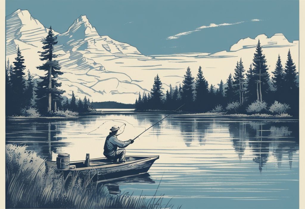 Vintage-Skizze eines Anglers in einem ruhigen See mit einer Angelrute und bleifreien Gewichten, Hauptfarbthema Blau