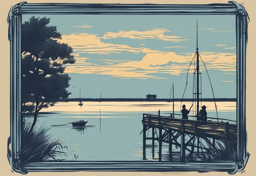 Vintage-Skizze eines Morgens auf Usedom: Person beim Angeln auf Usedom von einem Pier, umgeben von ruhigem Meer und goldenem Sonnenaufgang.