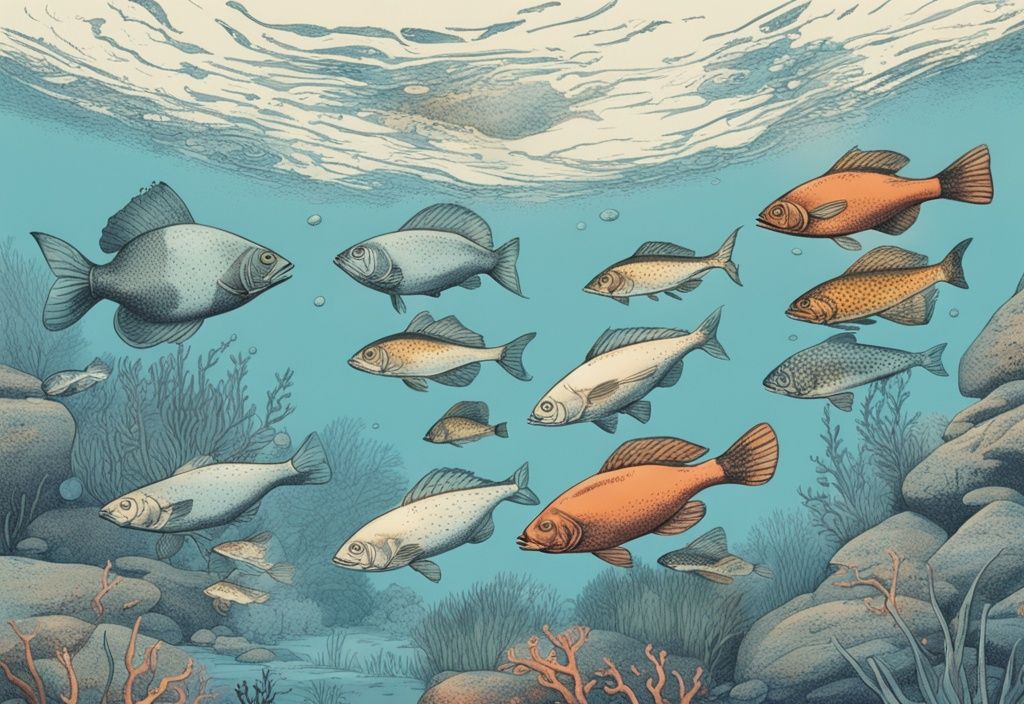 Vintage-Skizzenillustration mit blauem Farbschema, die verschiedene Fischarten Atlantik Bretagne zeigt, lebhaft und animiert in einer klaren Unterwasserszene schwimmend.
