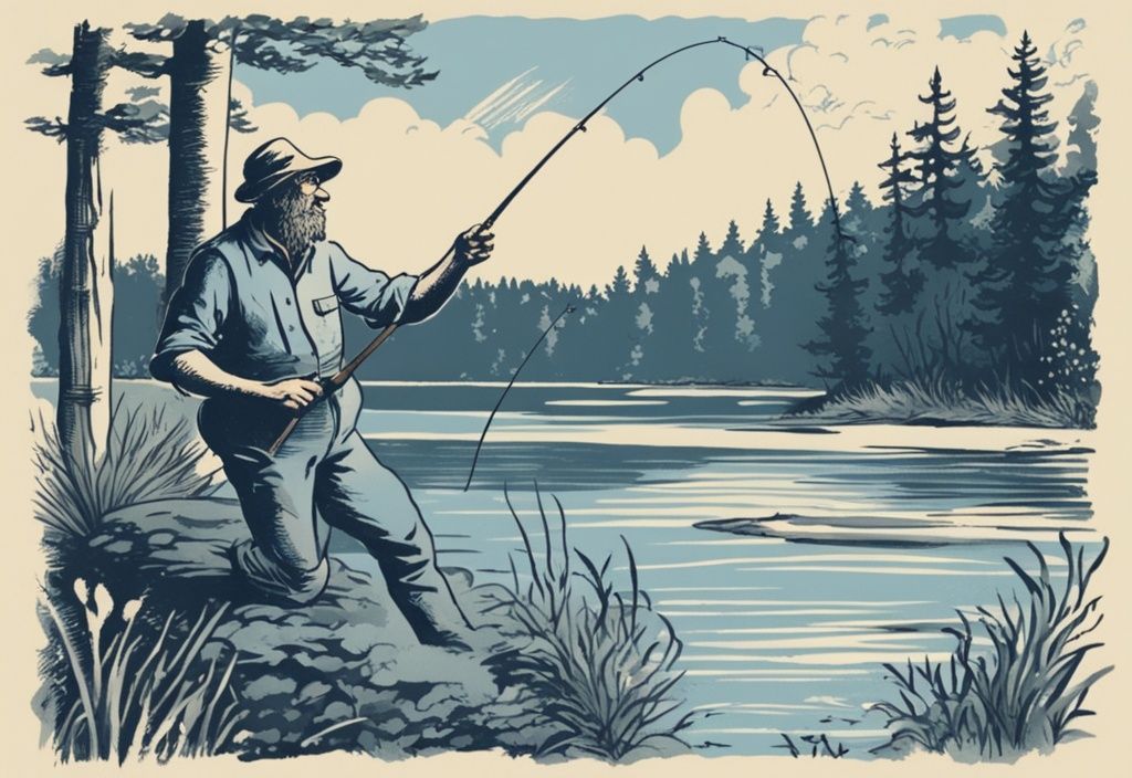 Vintage-Illustration eines glücklichen Anglers in Thüringen, der seinen Fang vor einer märchenhaften Kulisse aus Wäldern und Seen präsentiert.