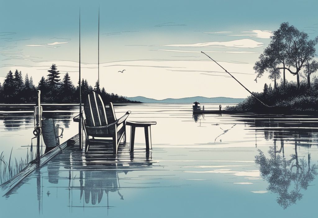 Vintage-Skizzenillustration mit blauem Farbschema: Klarer Himmel spiegelt sich im stillen Wasser, Angelrute lehnt an leerem Stuhl auf einem Steg, perfektes Angelwetter.