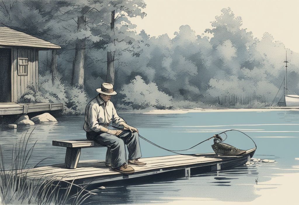 Vintage-Skizze eines ruhigen Sees mit einem Mann, der auf einem Steg sitzt und beim Angeln auf Karpfen mit Pose auf den Schwimmer seiner Angelrute schaut.