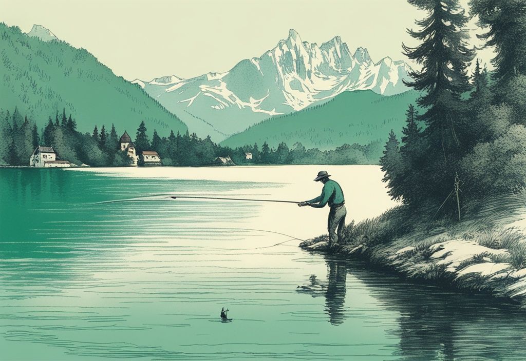 Vintage-Skizze eines Anglers, der seine Leine im smaragdgrünen Wasser des Bleder Sees mit den Julischen Alpen im Hintergrund auswirft, Hauptfarbe Blau.