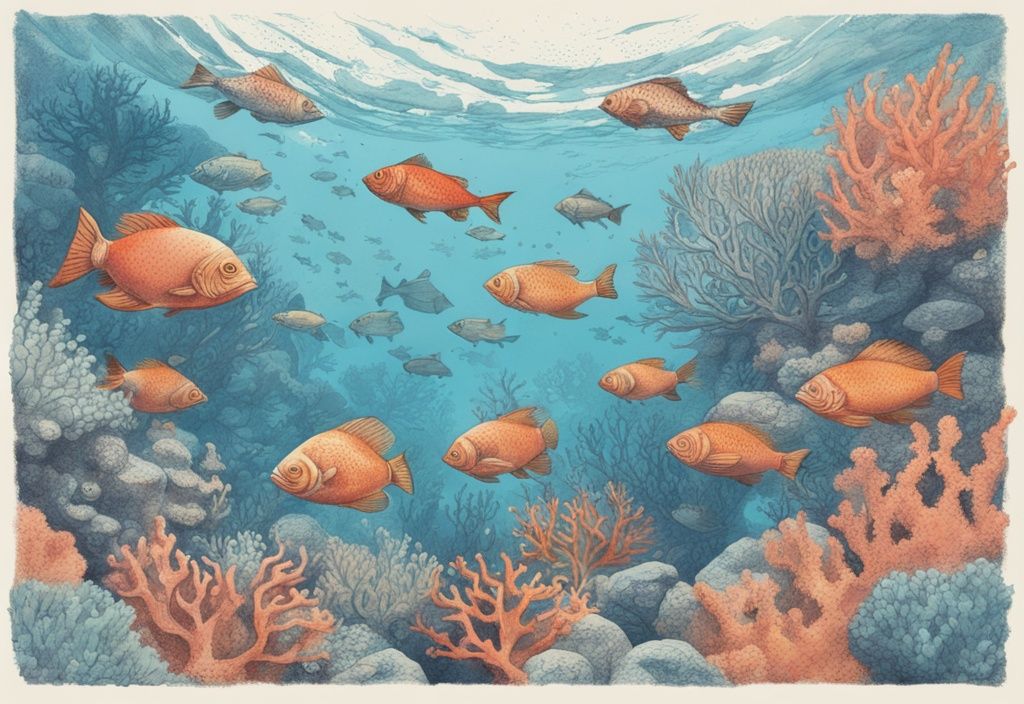 Vintage-Skizzenillustration in Blau, die bunte Fische zeigt, die um ein lebendiges Korallenriff schwimmen und die Fischaktivität heute einfangen.