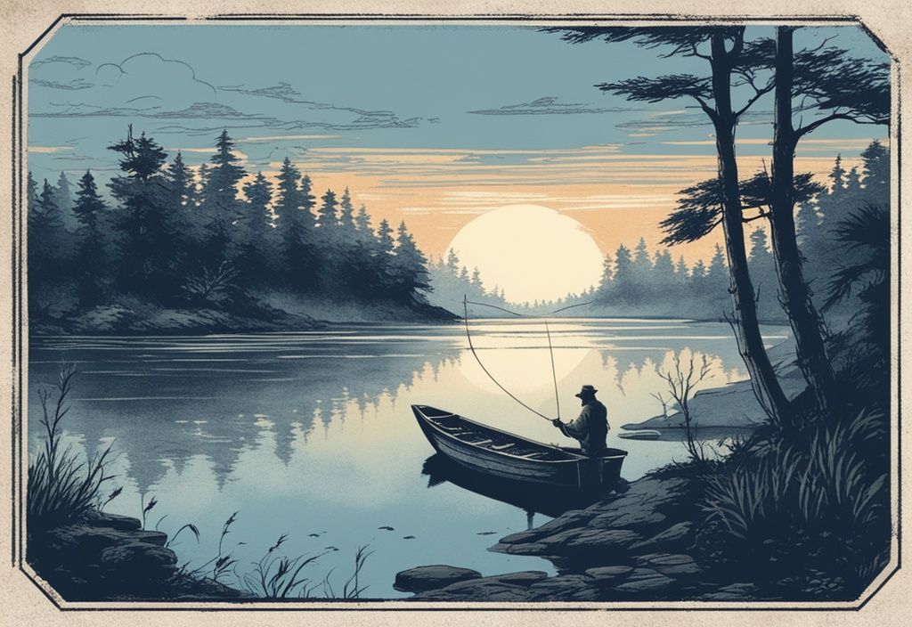 Vintage-Skizzenillustration eines Fischers, der während eines nebligen Sonnenaufgangs in Hitra seine Angel auswirft, beste Angelzeit auf Hitra.