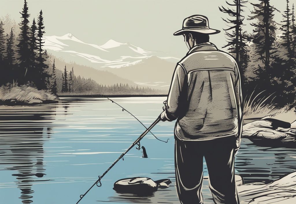 Vintage-Skizzenillustration eines erstklassigen Angelruten-Designs vor einem ruhigen Fluss voller Forellen, in Blau gehalten, die die Schönheit der Natur und die Kunst des Angelns einfängt.