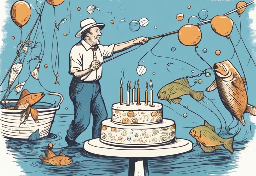 Vintage-Skizze eines fröhlichen Anglers, der einen Geburtstagskuchen an seiner Angelrute hochzieht, umgeben von Geburtstagsdekorationen und humorvollen Elementen – Geburtstagswünsche Angler lustig