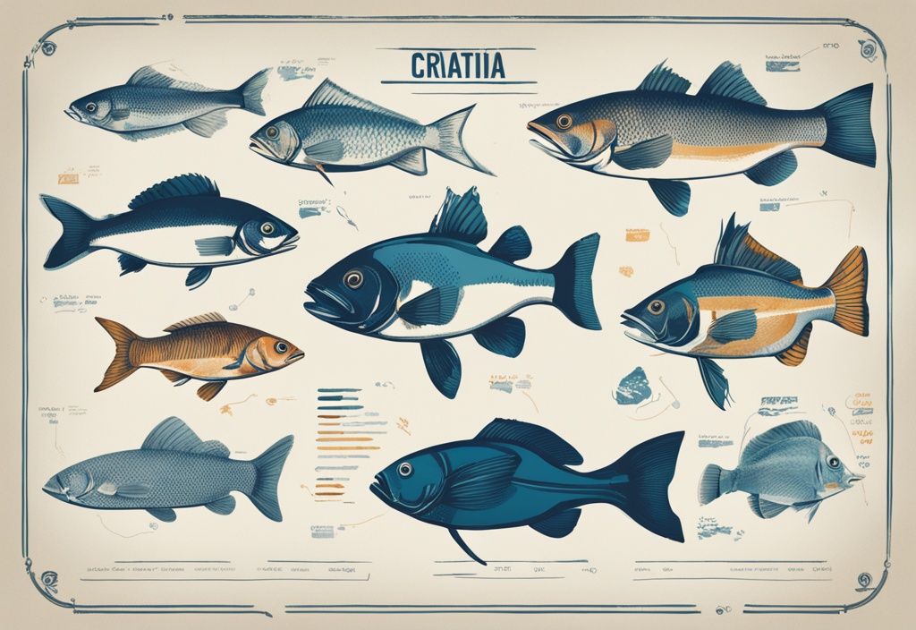 Vintage-Skizzen-Illustration von verschiedenen Fischarten in Kroatien, stilvolles Infografik-Design in Blau.