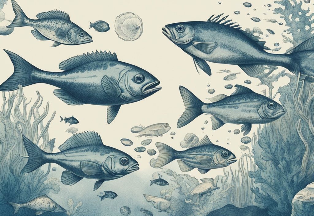 Vintage Illustration von Fischarten Atlantik Bretagne in lebhaften Farben, schwimmend in einer klaren Unterwasserszene.