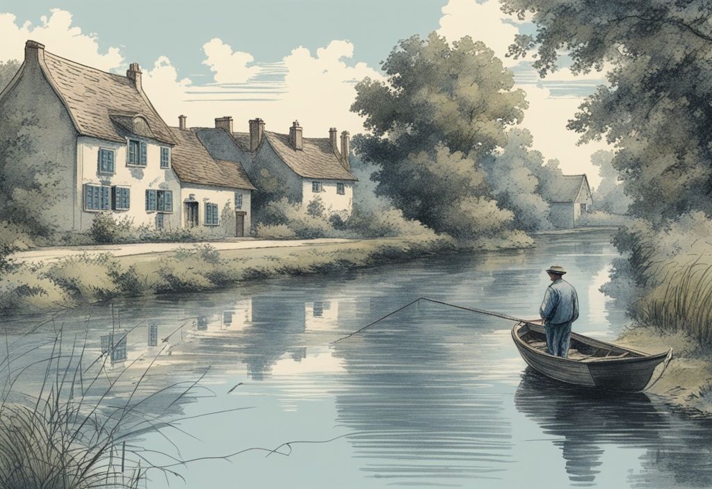 Vintage-Skizze eines Anglers, der an einem ruhigen belgischen Fluss angelt, umgeben von ĂŒppigem GrĂŒn und malerischen belgischen HĂ€usern. Angeln in Belgien.