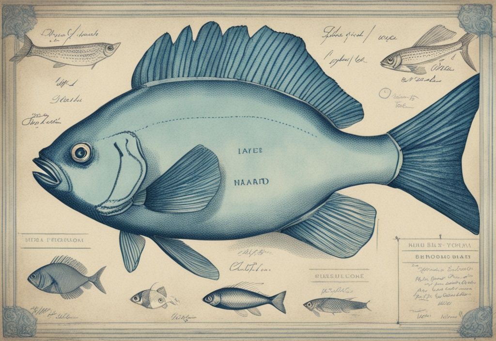 Vintage-Skizzenillustration eines einzigartigen Fisches in Blau, deutlich in drei Abschnitte unterteilt, jeder Abschnitt mit einem anderen Namen beschriftet, welcher Fisch hat drei Namen.