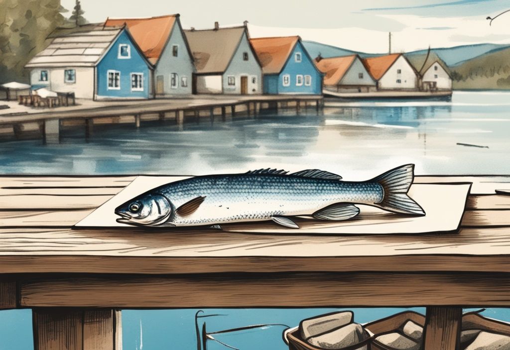 Vintage-Skizze eines frisch gefangenen Weißfisches auf einem rustikalen Holztisch vor dem Hintergrund eines traditionellen deutschen Fischerdorfes.