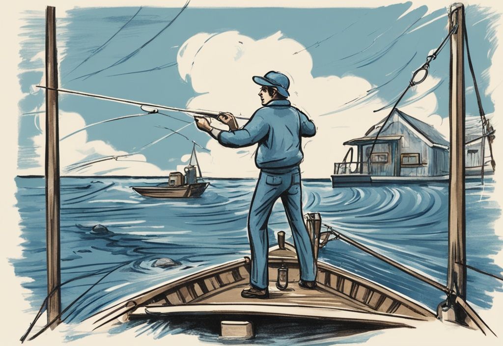 Vintage-Illustration eines Fischers in sportlicher Kleidung beim Auswerfen, umgeben von Angelausrüstung auf einem Boot, mit Schwerpunkt auf der körperlichen Anstrengung, Hauptfarbton Blau.