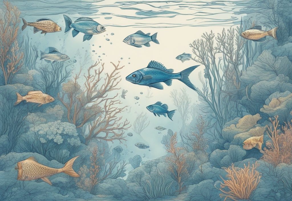 Vintage-Skizzenillustration mit bunten Fischarten Forggensee, die in klarem, blauem Süßwasser zwischen Unterwasserflora schwimmen.
