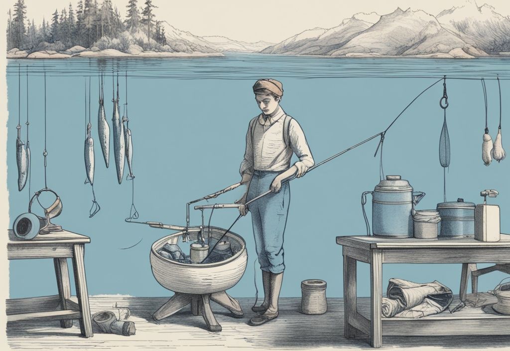 Vintage-Skizzenillustration einer Person, die einen Schwimmkörper zum Angeln zusammenbaut, mit Komponenten wie Schwimmer, Leine und Senkblei auf einem Tisch, Hauptfarbthema Blau.