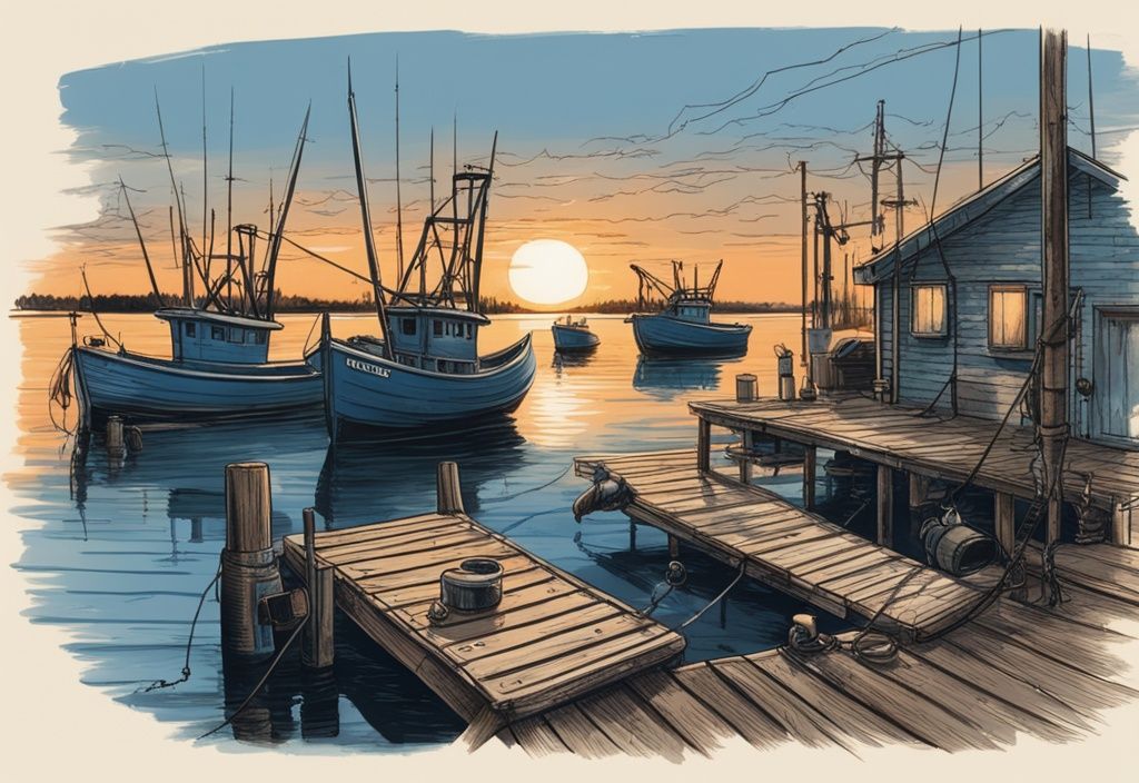 Vintage Skizze von Aal-Angelgeräten auf Holzsteg vor Sonnenuntergang am Wasser in Blau.