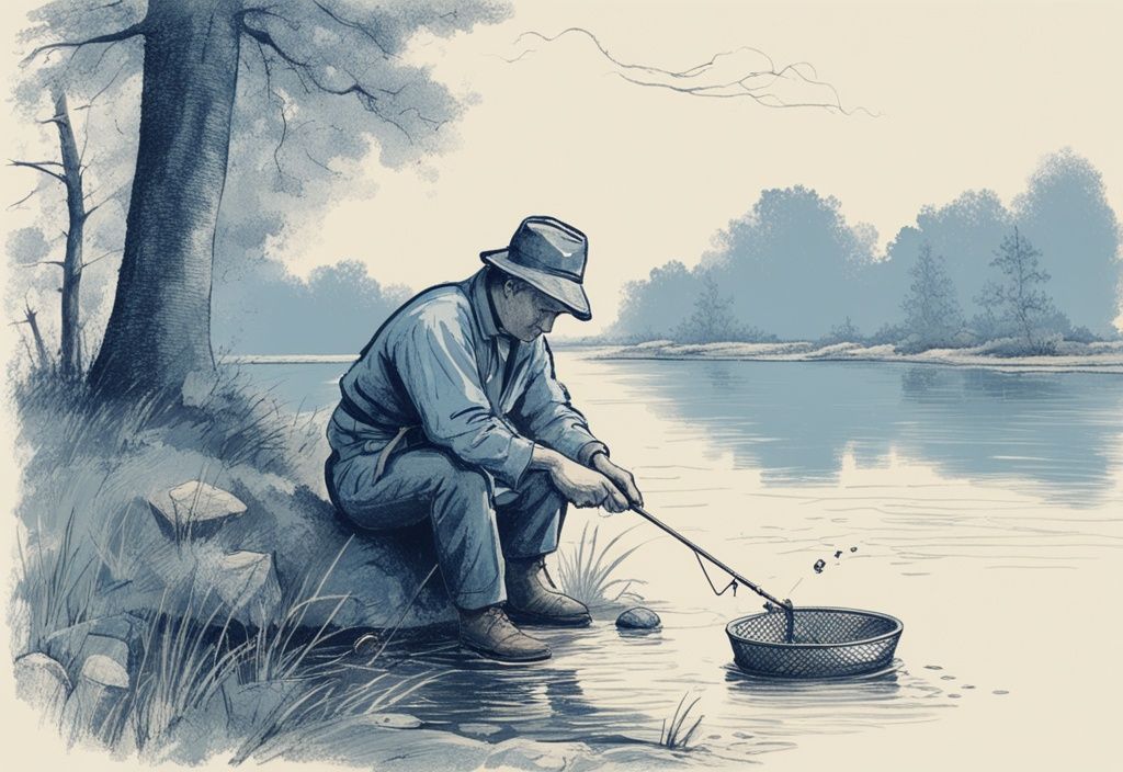 Vintage-Skizze eines Anglers an einem ruhigen Flussufer, der sein Grundfutter angeln vorbereitet und es ins Wasser wirft, umgeben von seinem Angelzubehör.