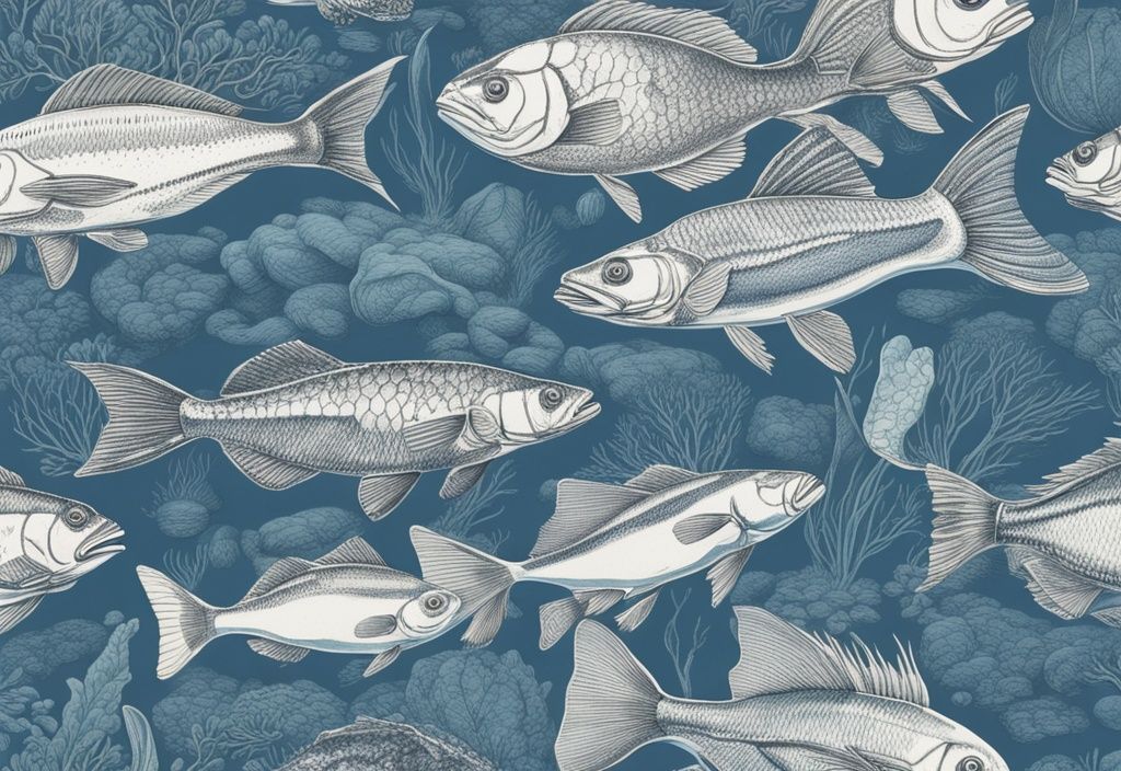 Vintage-Skizzenillustration von Kaspisches Meer Fischarten in blauer Unterwasserlandschaft, die die lebendige Vielfalt und Schönheit des marinen Lebens darstellt.