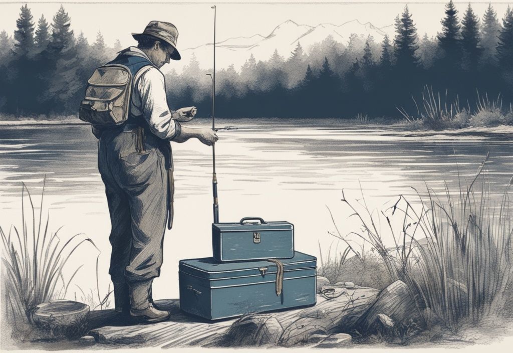 Vintage-Skizze eines Anglers an einem ruhigen Fluss mit bleifreiem Angelzubehör in einer offenen Tackle-Box, Hauptfarbthema Blau.