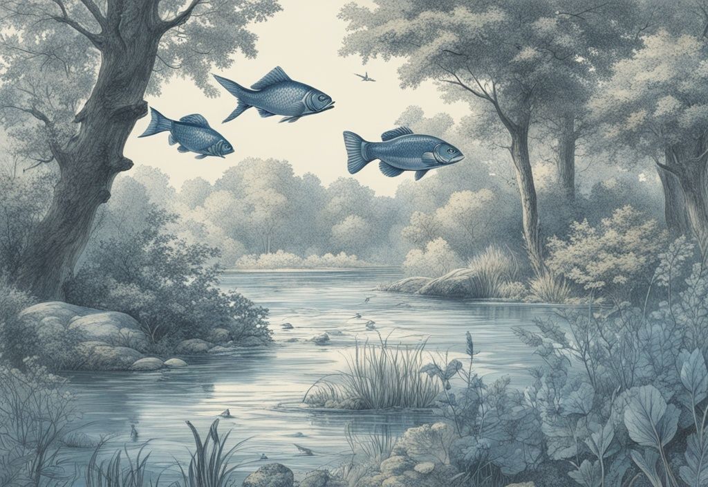 Vintage-Skizze von Flussfischen in Deutschland, schwimmend in klaren, lebhaften Gewässern unter schattigem Grün der Uferbäume, Hauptfarbton Blau.