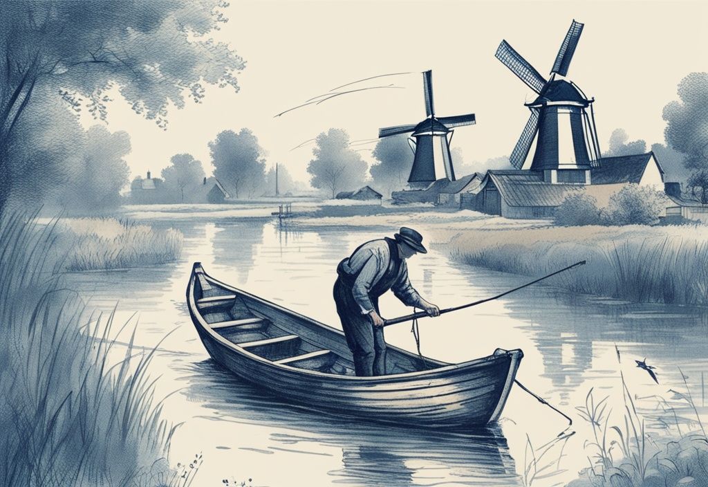 Vintage-Skizze einer ruhigen niederländischen Landschaft mit blauen Farbtönen, traditionellen Windmühlen, Kanälen und einem Angler in klassischer Ausrüstung, der von einem rustikalen Holzboot aus angelt. Angeln in Niederlande.