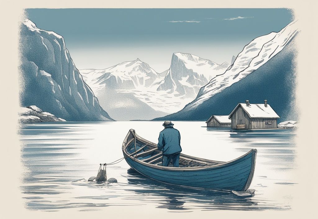 Vintage-Skizzenillustration eines Fischers in einem Holzboot, der in den ruhigen Gewässern zwischen den zerklüfteten Fjorden und schneebedeckten Bergen Südnorwegens angelt, Hauptfarbthema Blau.