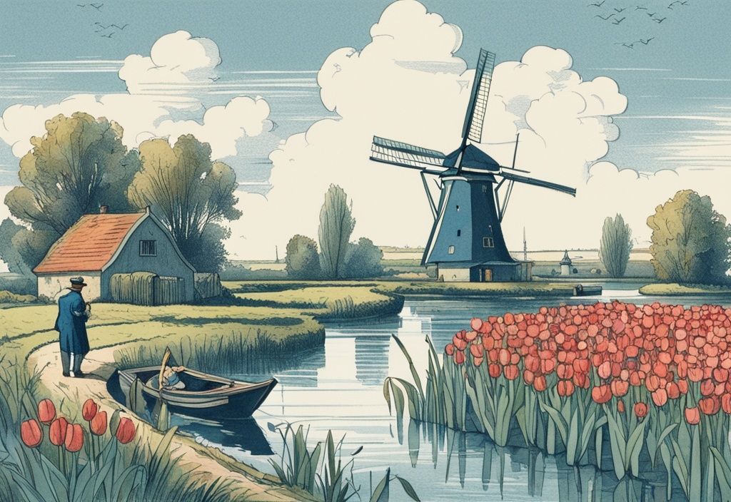 Vintage-Skizzenillustration einer ruhigen niederländischen Landschaft mit traditioneller Windmühle, Angler am Kanal, Seerosen und üppigen Tulpenfeldern in Blau.