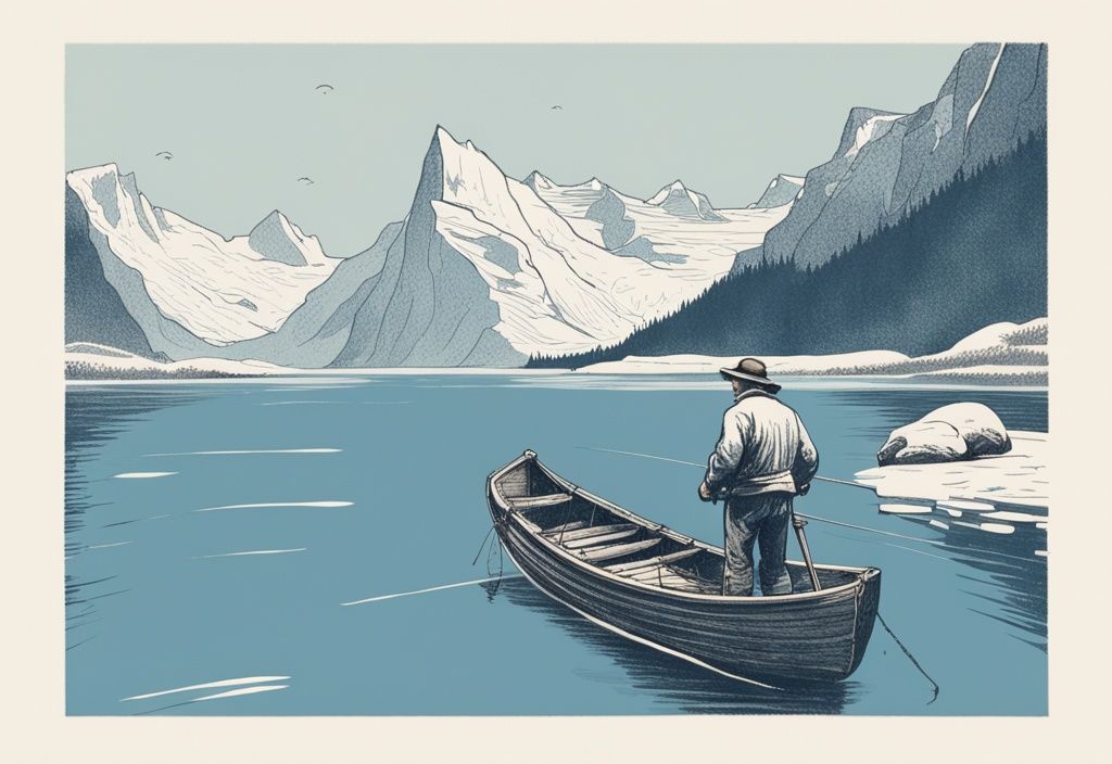 Vintage Skizzenillustration eines Fischers in einem Holzboot, der in den ruhigen Gewässern zwischen den zerklüfteten Fjorden und schneebedeckten Bergen Südnorwegens angelt, Hauptfarbthema Blau.