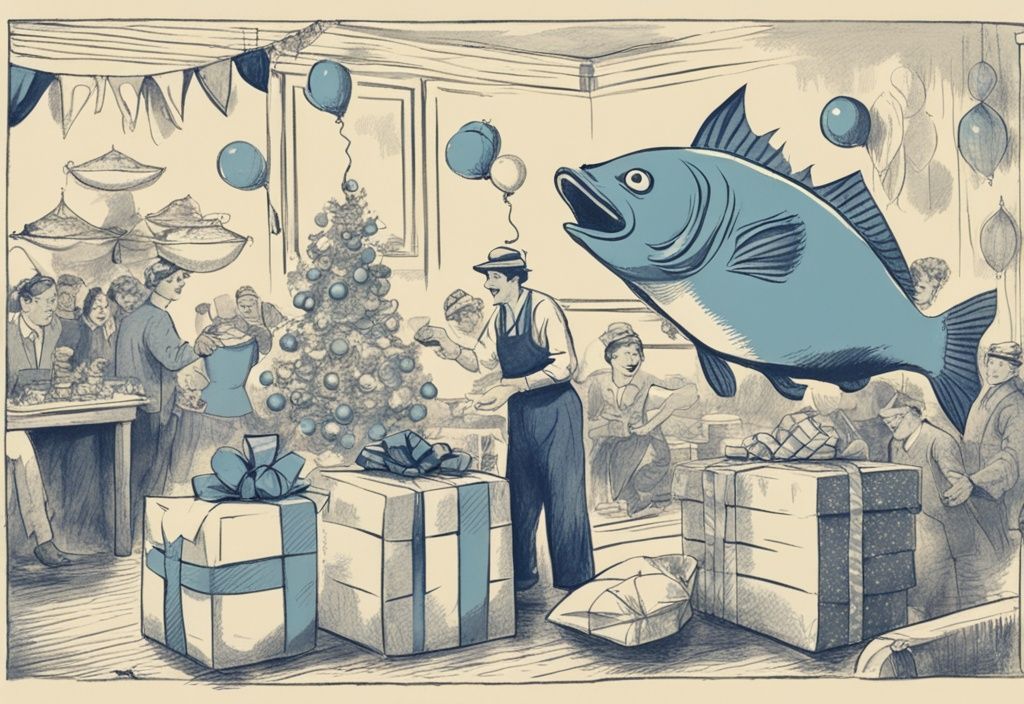 Vintage-Skizze eines Fischers, der ein großes Geschenk auspackt und einen riesigen Fisch enthüllt, umgeben von Geburtstagsdekorationen und Festlichkeiten, Hauptfarbe Blau.