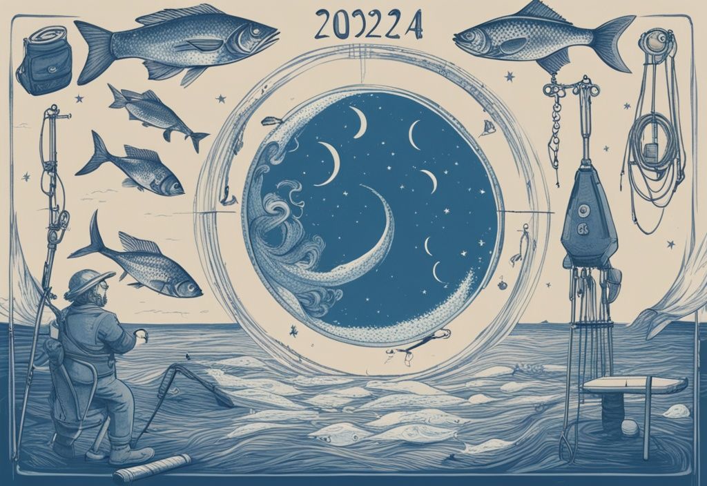 Vintage Mondkalender 2024 mit Angelzubehör und Fischen im Mondlicht, blaue Farbtöne