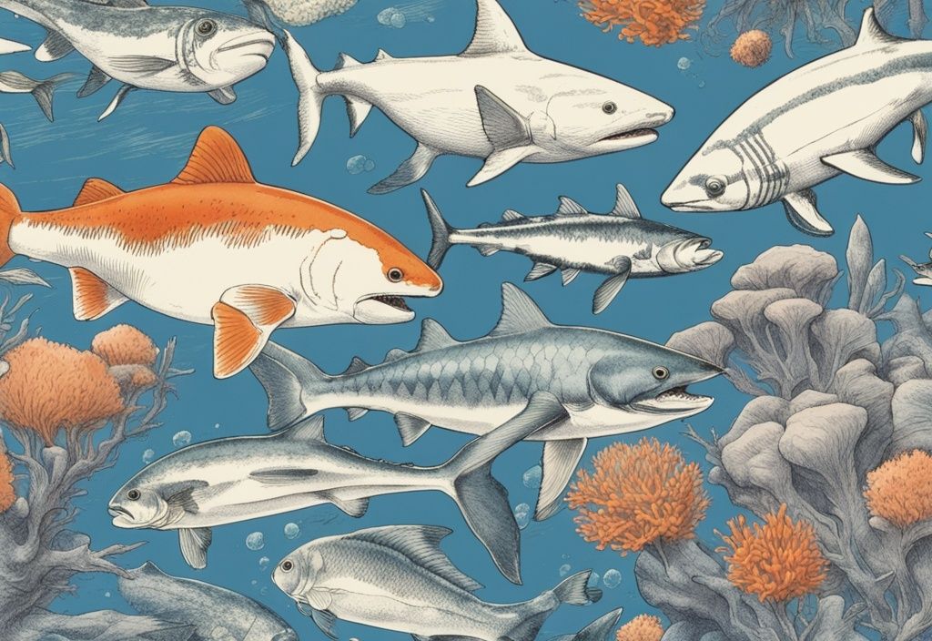 Vintage-Skizzenillustration in Blau mit den bekanntesten Fischarten wie dem Weißen Hai, Clownfisch und Koi in ihren natürlichen Lebensräumen.