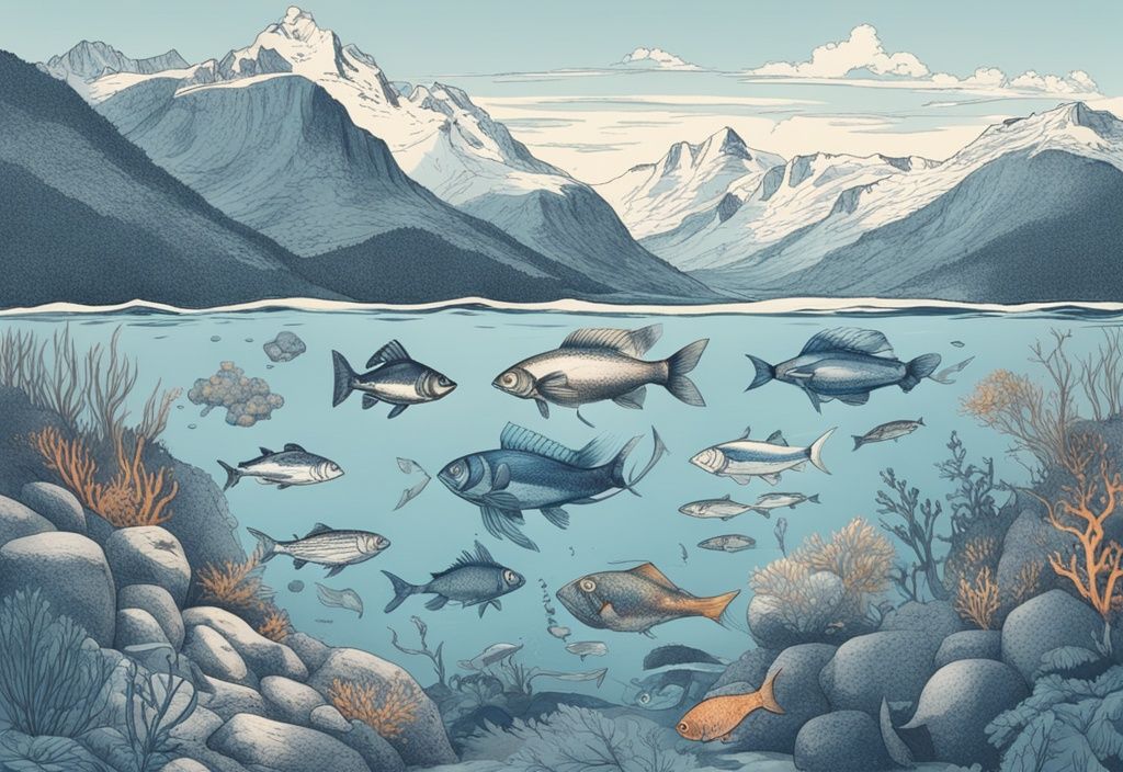 Vintage-Skizzenillustration von bunten, einheimischen norwegischen Fischarten unter Wasser in einem ruhigen Fjord, Hauptfarbthema Blau.