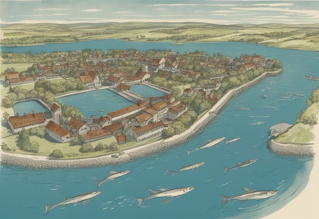 Vintage-Skizzenillustration, Luftaufnahme von klarem deutschen Gewässer mit zahlreichen Weißfischschwärmen darunter, Hauptfarbthema blau.