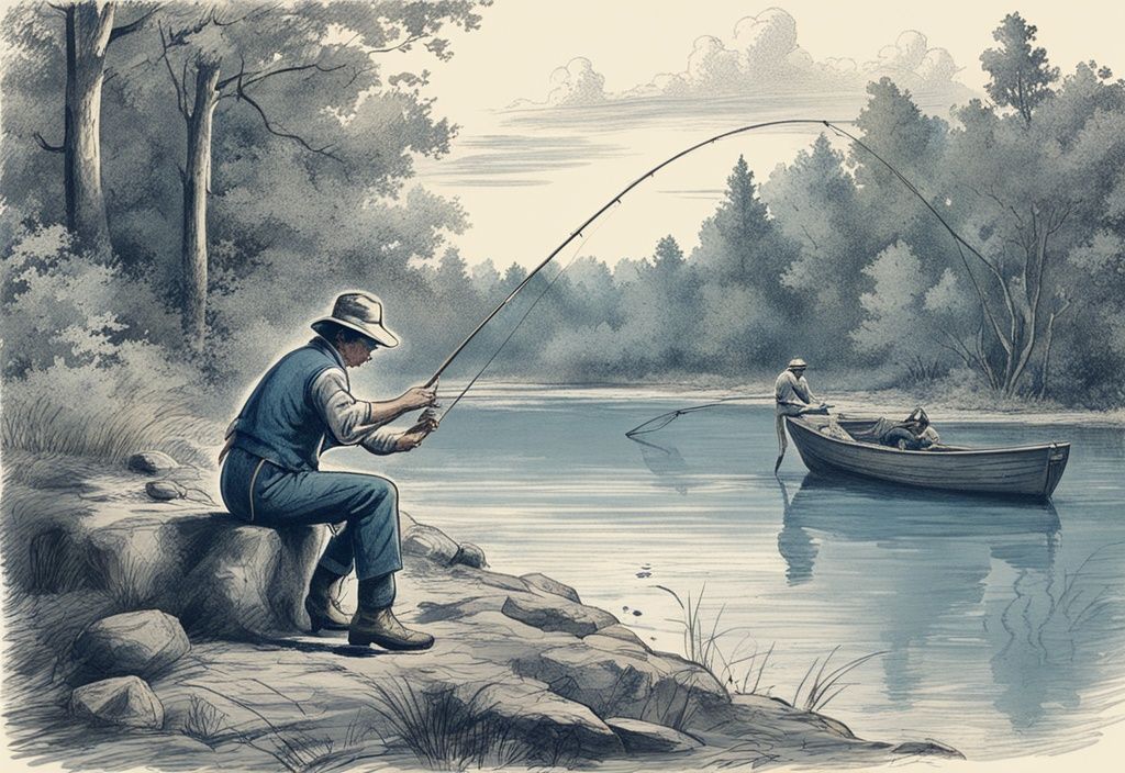 Vintage-Skizze eines begeisterten Anglers am ruhigen Flussufer, der seine Angel mit zappelndem Köderfisch vorbereitet, in Blautönen gehalten.
