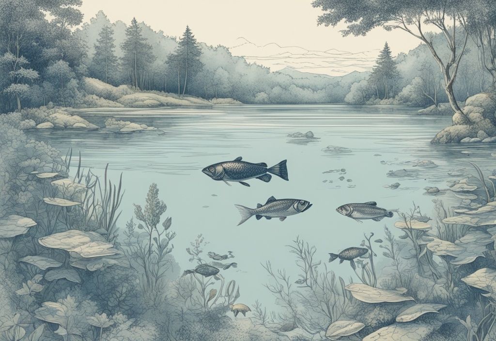 Vintage-Skizze von Fische in deutschen Seen, die unter der Oberfläche eines klaren, ruhigen Sees inmitten üppiger grüner Landschaft schwimmen.
