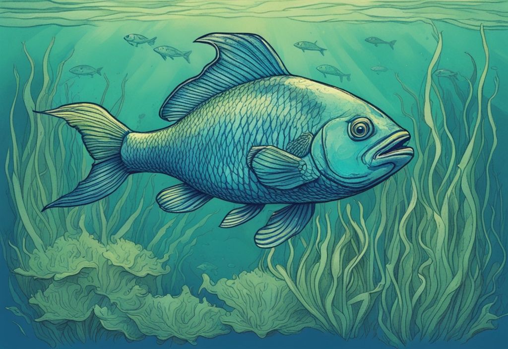 Vintage-Skizze eines exotischen, durchscheinenden Fischs mit grünen Gräten, der zwischen Seegras im tiefblauen Meer schwimmt.