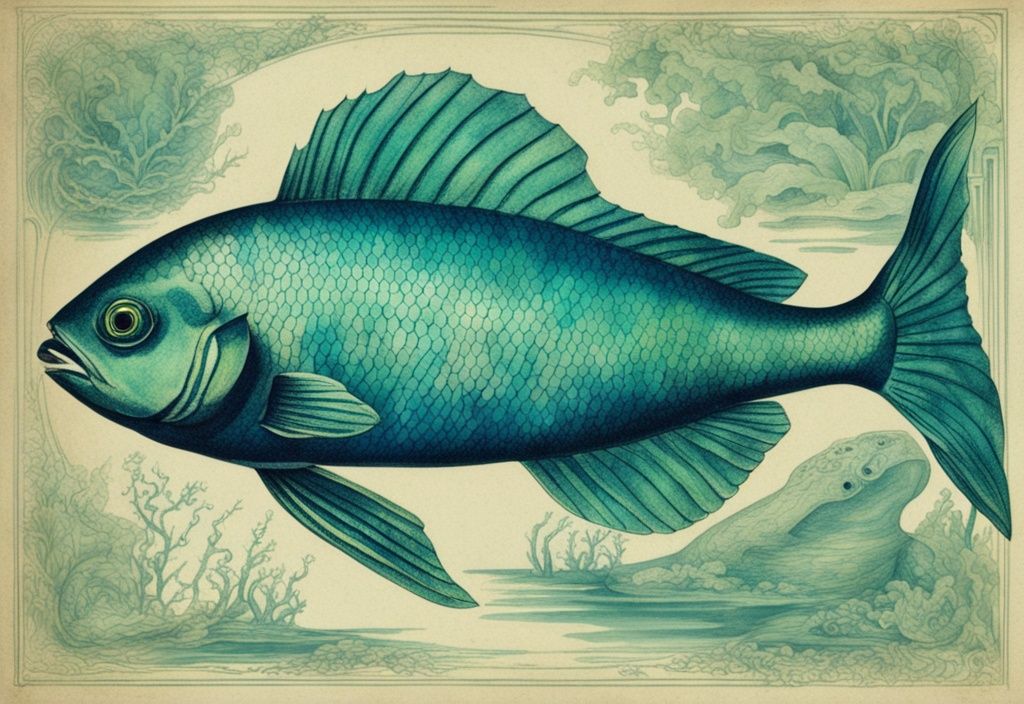 Vintage-Skizze eines durchscheinenden Fisches mit grüner Skelettstruktur in tiefblauem Wasser