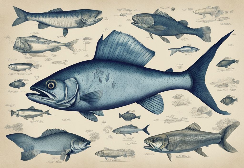 Vintage-Skizzenillustration von Raubfischen in ihren natürlichen Lebensräumen, blaues Farbschema, detaillierte und beschriftete Fischarten.