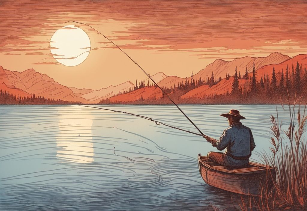 Vintage Zeichnung eines Fischers auf einem ruhigen See beim Sonnenuntergang mit blauem Farbschema und roten und orangefarbenen Himmel.