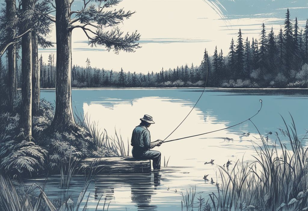 Vintage-Skizze eines Anglers in einem ruhigen See, der geschickt seine Angel mit lebendem Köderfisch auswirft, in blauen Farbtönen.
