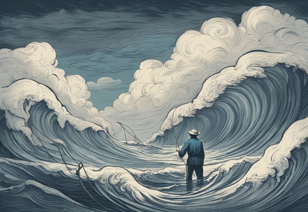 Vintage-Skizzenillustration eines mutigen Fischers, der bei Hochwasser in stürmischen Gewässern angelt und seine Angelrute unter einem energischen Himmel auswirft.
