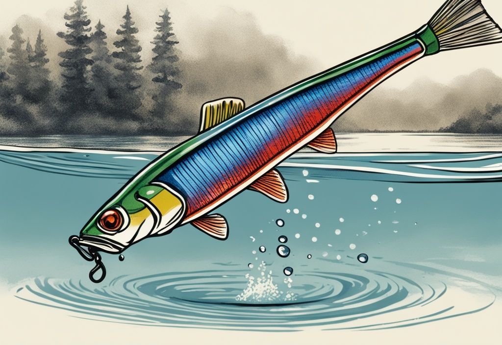 Vintage-Skizzenillustration in Blau, Nahaufnahme eines bunten Blinkers, der in einen kristallklaren See geworfen wird und Wellen auf der Wasseroberfläche erzeugt; Angeln mit Blinker.
