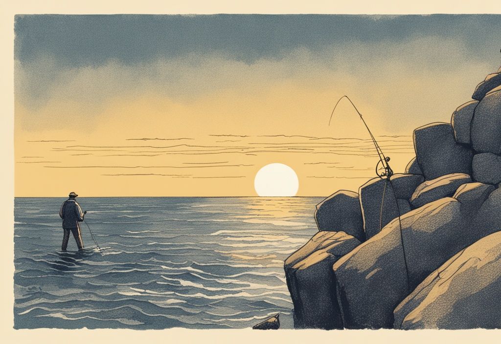 Vintage-Skizze eines Anglers beim Angeln auf Bornholm an der felsigen Küste mit goldenem Sonnenuntergang und endlosem Horizont der Ostsee im Hintergrund.