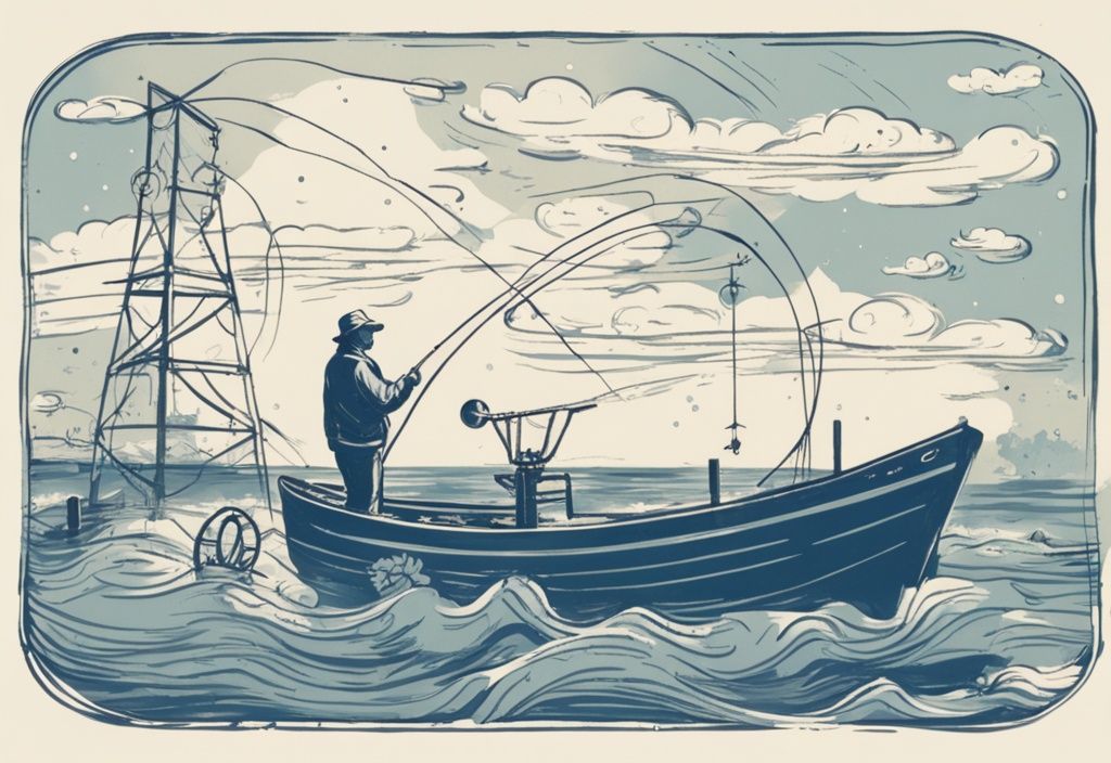 Vintage-Skizze eines Fischers auf einem Boot, der seine Angel auswirft, mit abstrakten Luftdrucksymbolen im Himmel und einem Barometer neben seiner Angelausrüstung, Luftdruck beim Angeln.