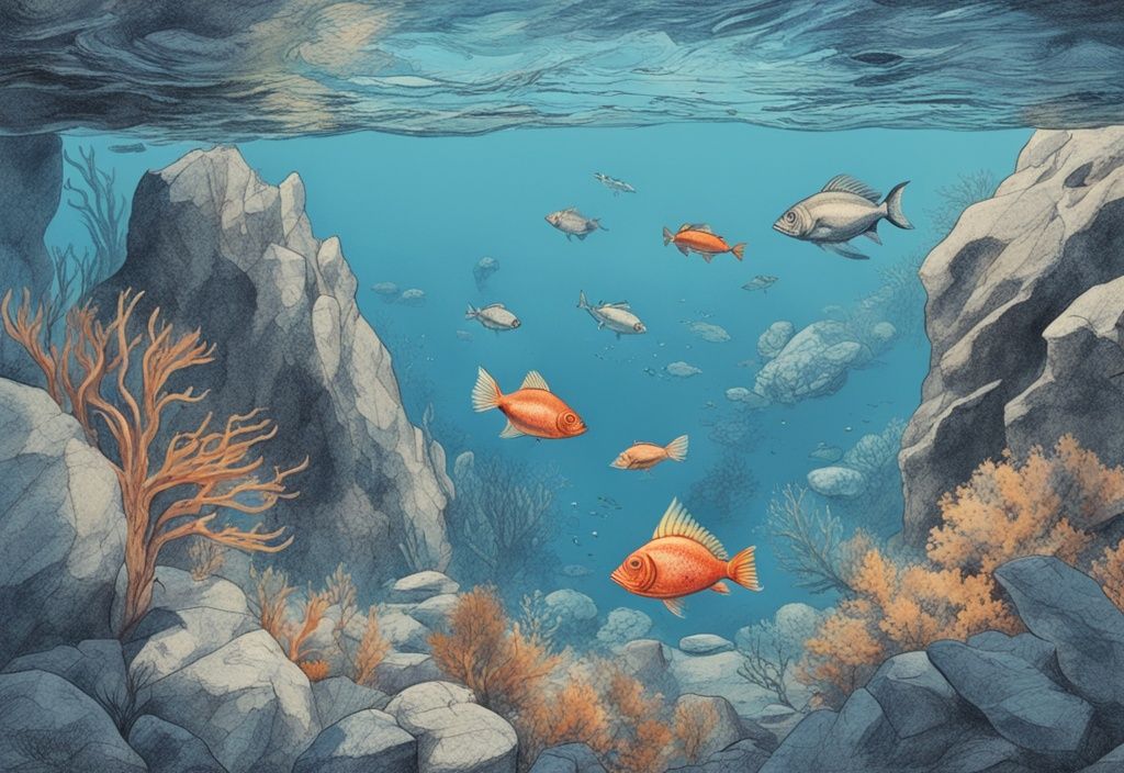 Vintage-Skizzenillustration von bunten Fischen im kristallklaren Wasser an der felsigen Küste von Madeira, Hauptfarbthema Blau.