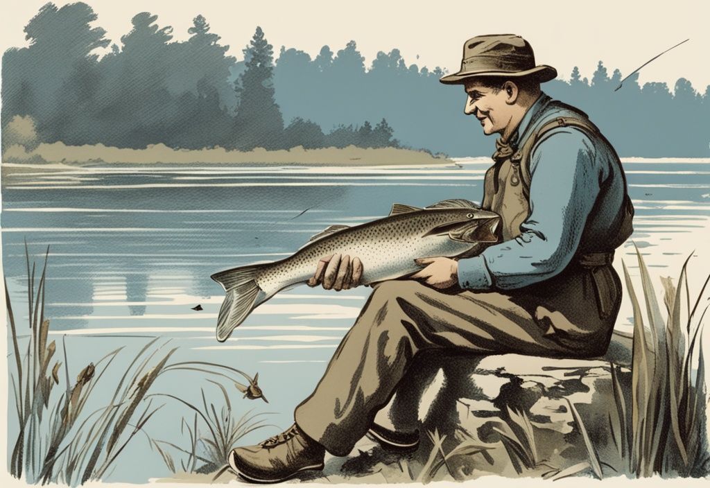 Vintage-Illustration eines deutschen Anglers mit großem Fisch und Angelschein am polnischen See in Blau.